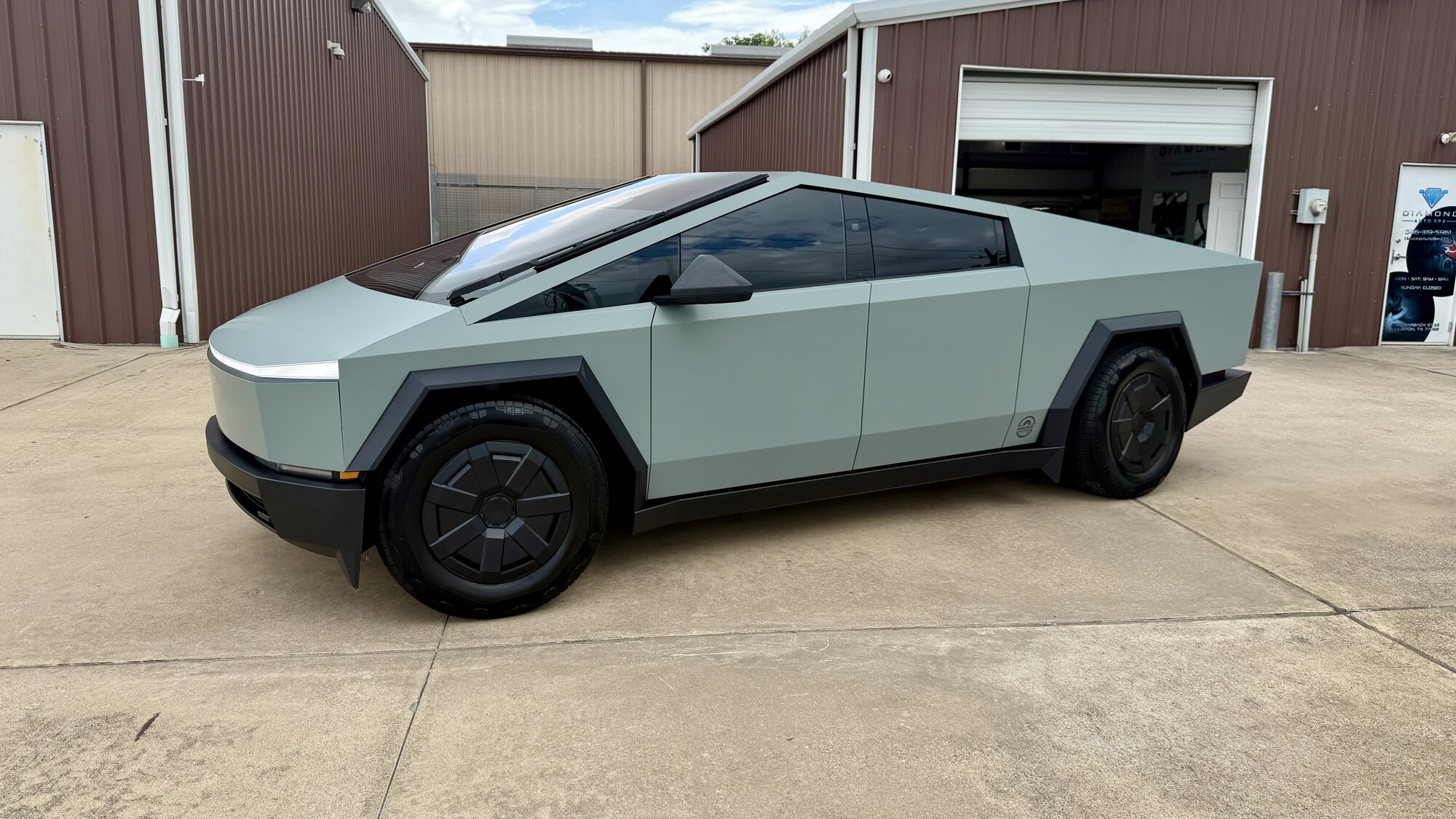Tesla Cybertruck in satin sage green vinyl wrap