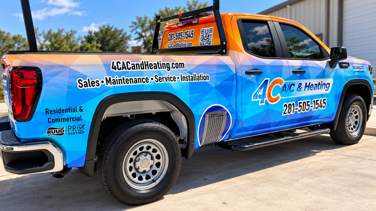4C A/C & Heating pickup truck with a full commercial wrap