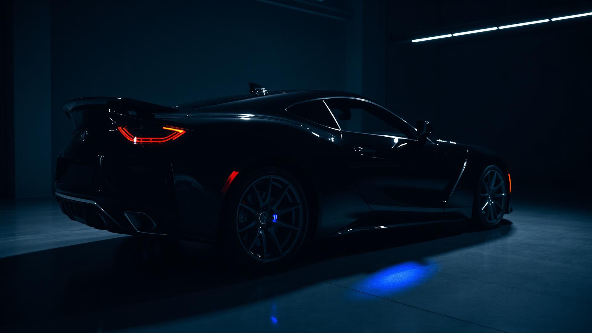 Glossy black luxury sports car in a dark automotive studio